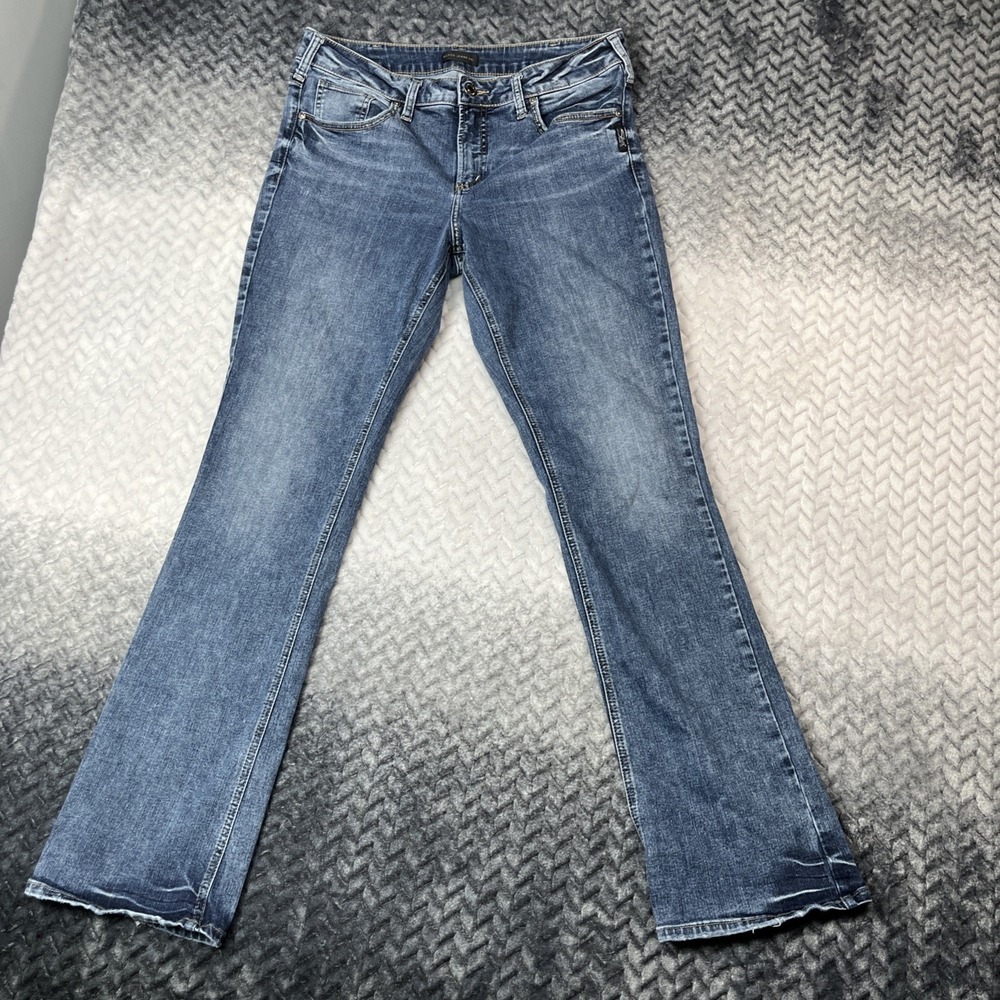 Silver Jeans Co. Elyse Women's W31/L33 Dark Wash Slim Boot Distressed Stretch - Picture 4 of 10